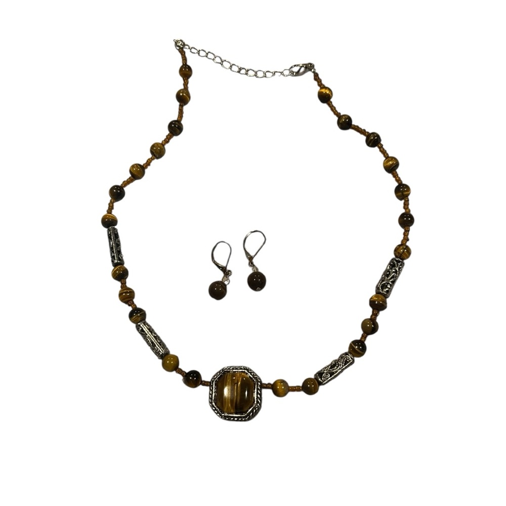Tigers Eye Pendant‎ And Beads Necklace Earrings Silver Toned Long Beads Autumn